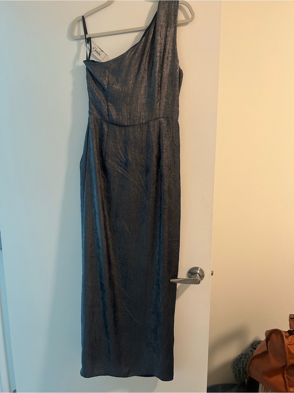 Maggy London One-Shoulder Metallic Charcoal Gray Gown
